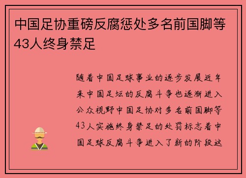 中国足协重磅反腐惩处多名前国脚等43人终身禁足